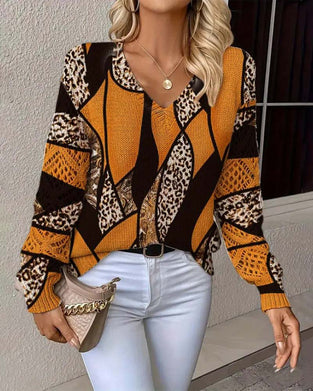 V-Neck Hollow Leopard Print Pullover