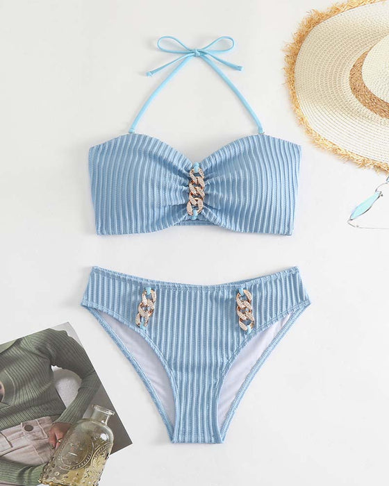 Halter Solid Color Striped Swimsuit