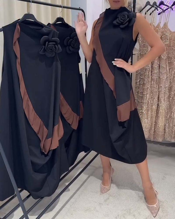 3D Petal Flounce Color-Blocking Sleeveless Dress