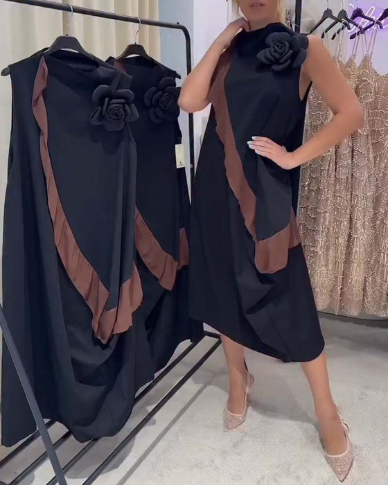 3D Petal Flounce Color-Blocking Sleeveless Dress