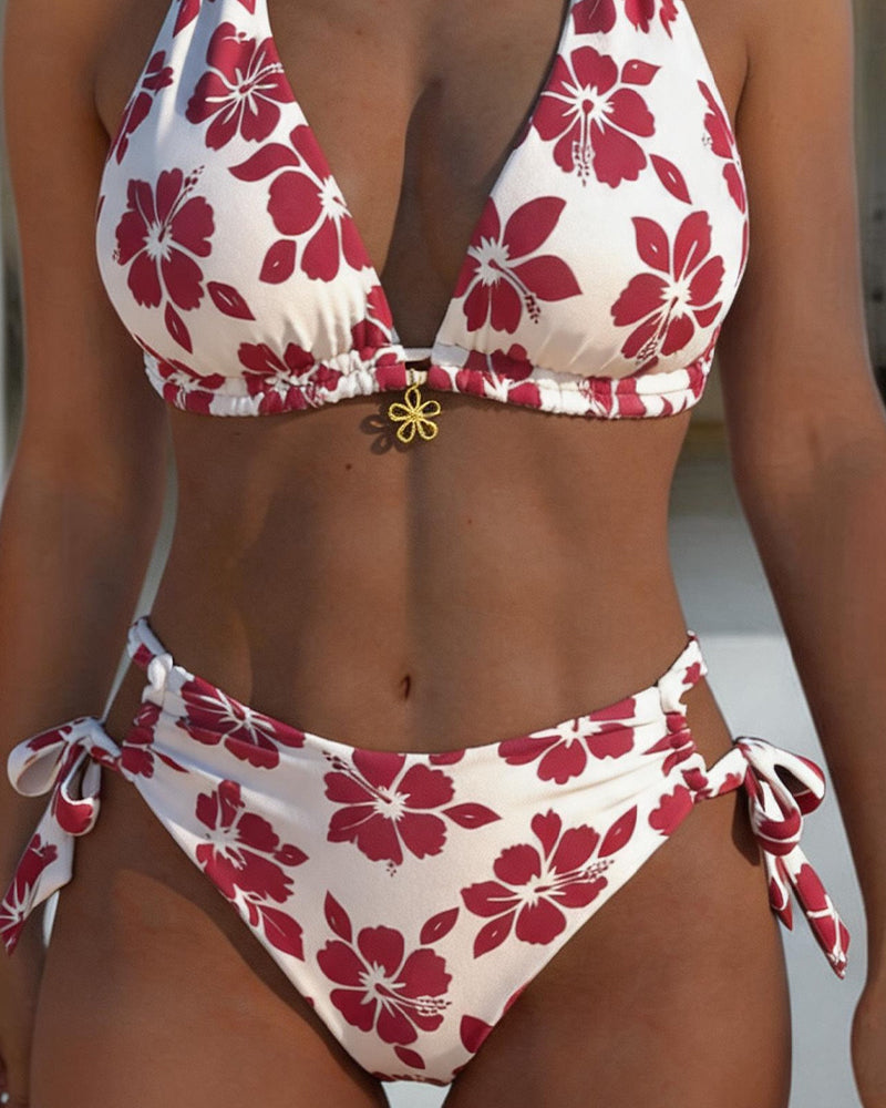 Hibiscus Print Halter Bikini