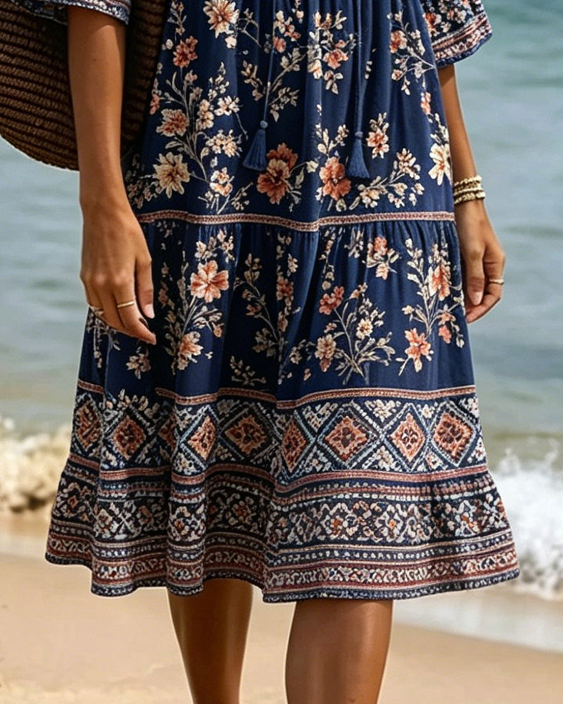 V-Neck Ethnic Floral Patchwork Dress
