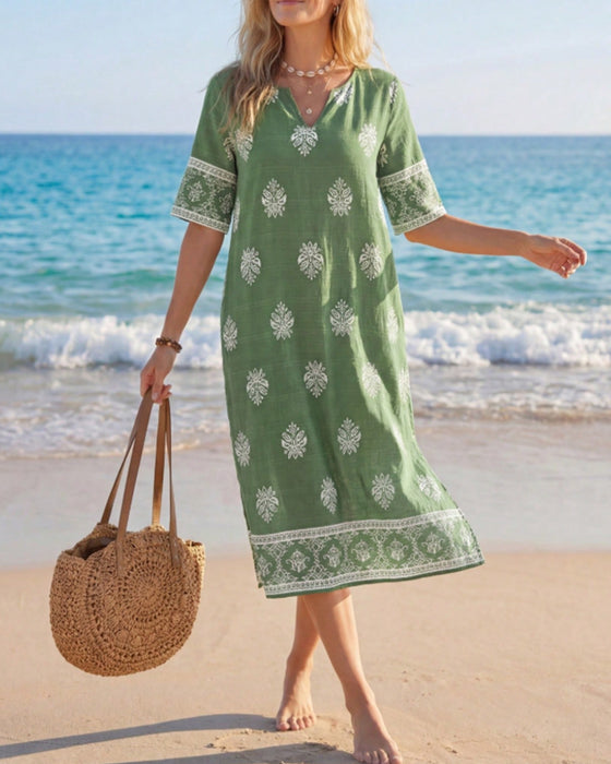 Ethnic Petite V-Neck Slit Dress