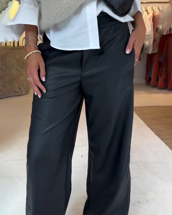 Drapey Wide-Leg Casual Leather Pants