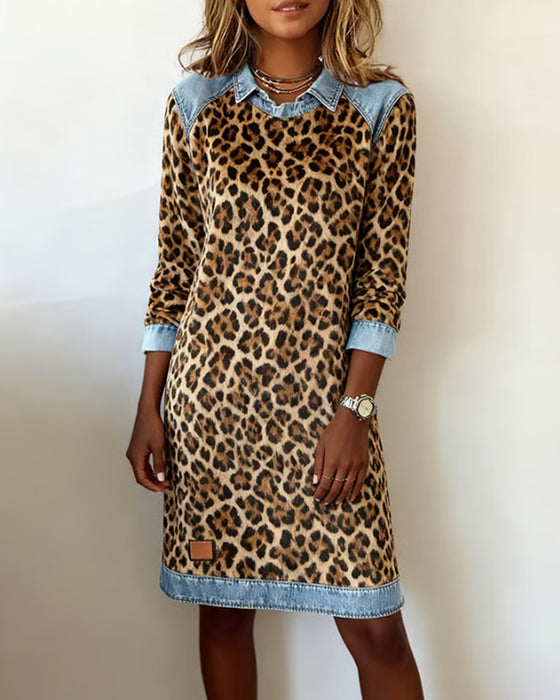 Lapel Leopard Print Shift Dress