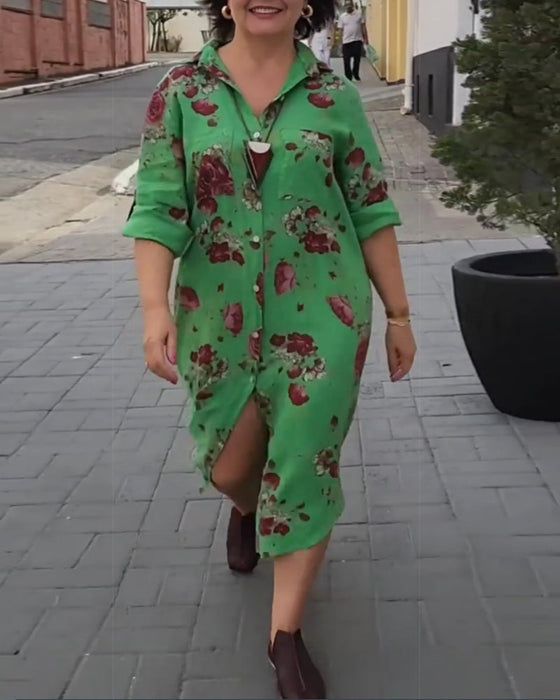 Button printed lapel dress