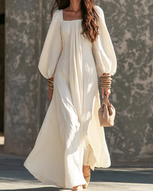 Square Neck Shirred Full Skirt Dress