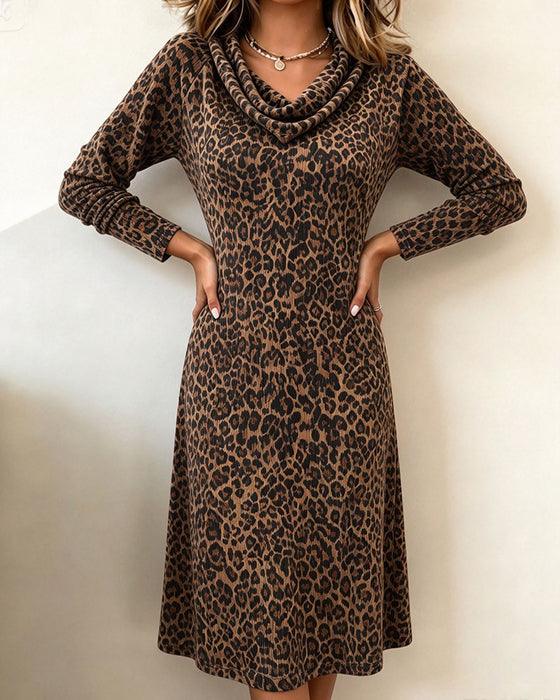 Slouchy Mock Neck Leopard Long Sleeve Dress