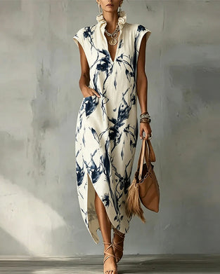 Ink Blue Stand Collar Sleeveless Dress