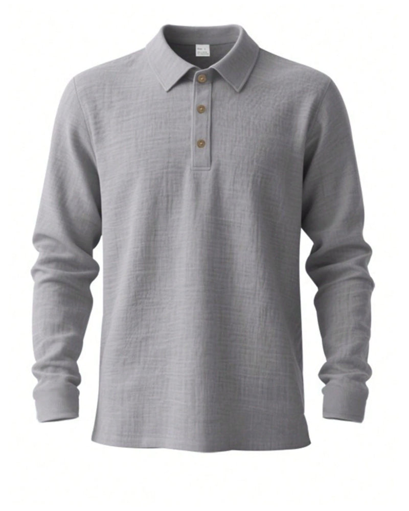 Men's Lightweight Loose Linen Long Sleeve Polo Shirt