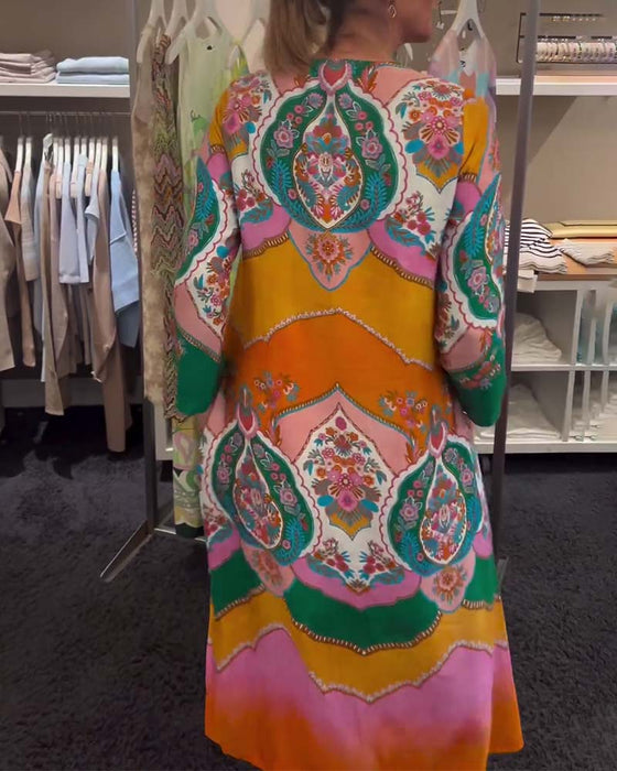 Printed V neck long sleeve dress