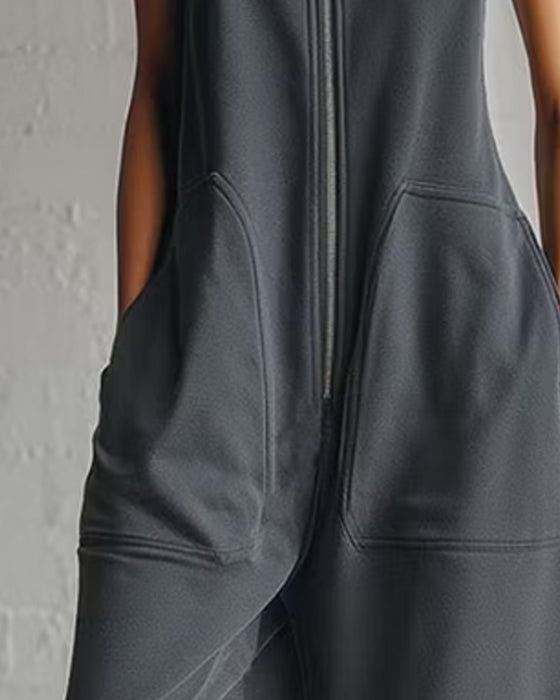 Hooded Solid Color Pocket Jumpsuit