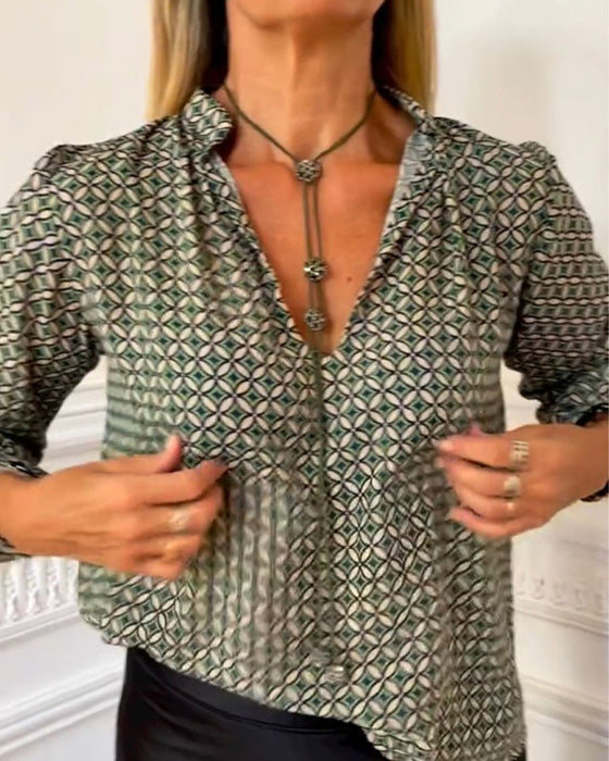 V-neck geometric print casual blouse