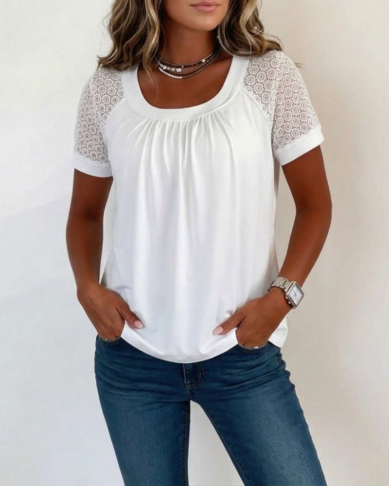 U-Neck Lace Raglan Short Sleeve T-Shirt