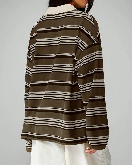 Striped Collared Drop-Shoulder Loose Blouse