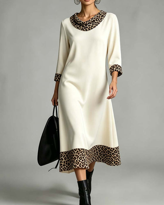 Slouchy Mock Neck Leopard Elbow-Length Sleeve Dress