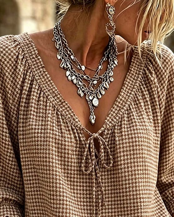 V-Neck Puff Sleeve Tie Houndstooth Blouse