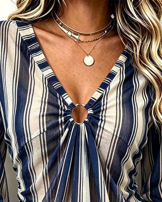 V-Neck Metal Ring Hollow Striped Top