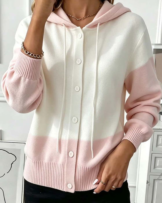 Color Block Hooded Single-Breasted Knit Cardigan