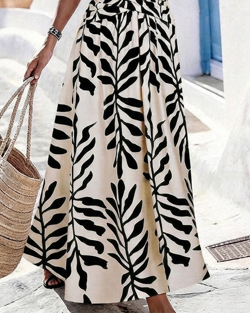 Green Leaves Waist-Cinching Sleeveless Dress