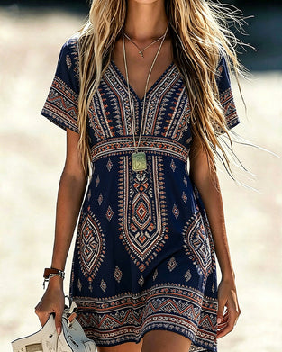 V-Neck Short-Sleeved Geometric Print Dress