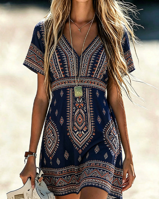 V-Neck Short-Sleeved Geometric Print Dress