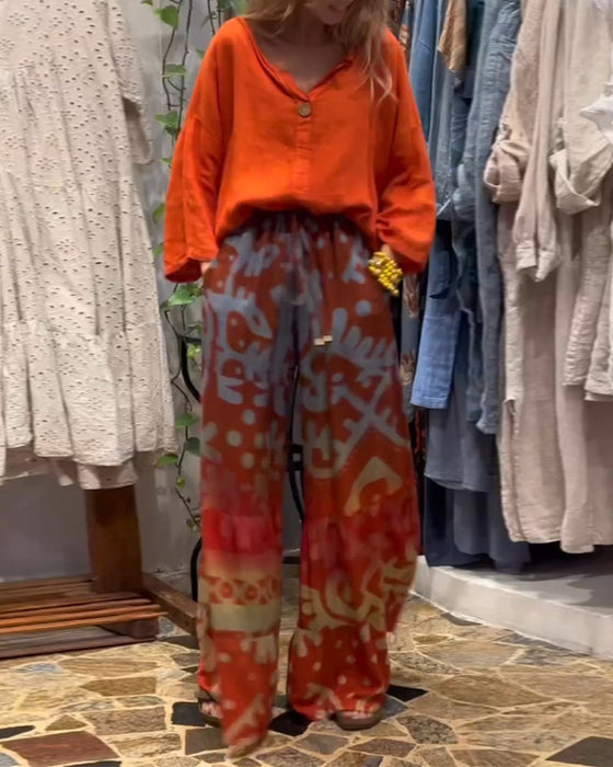 Printed pocket loose wide-leg pants