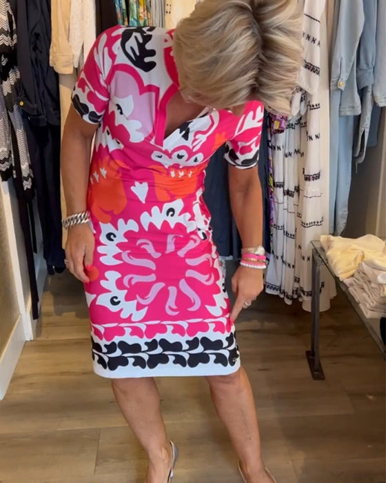 Short-sleeve printed v-neck dress