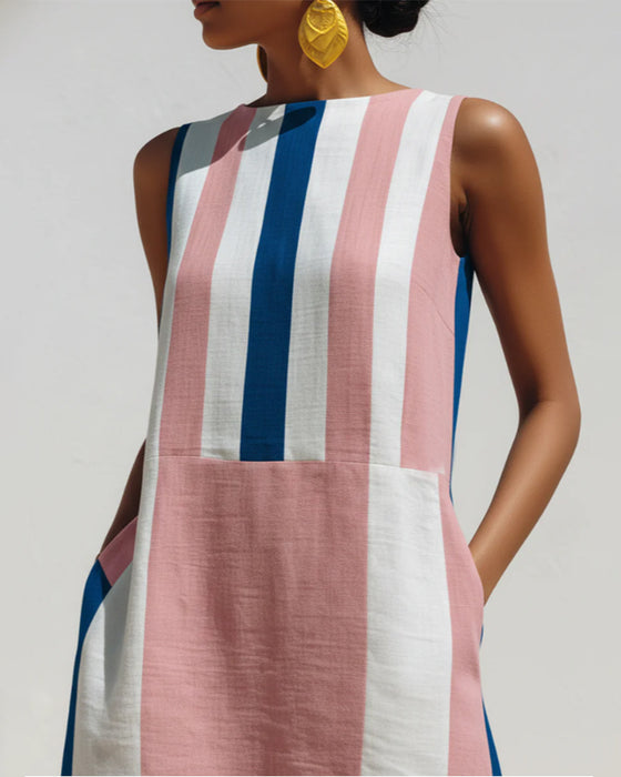 Crew Neck Color Block Vertical Stripe Sleeveless Dress