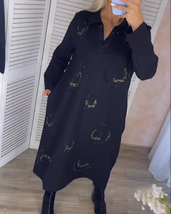 Lapel Long Sleeve Midi Dress