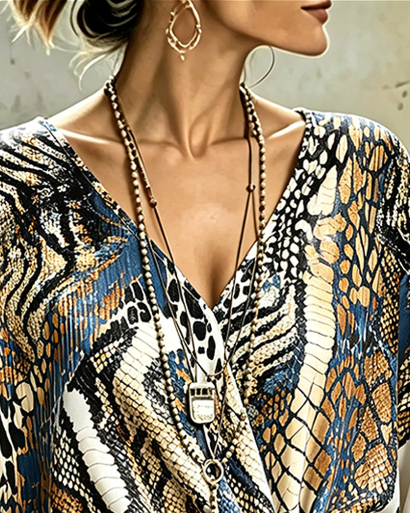 Animal Print Patchwork V-Neck Bandage Top