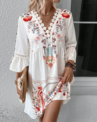 V-neck Lace Stitching Casual Versatile Printed Dress