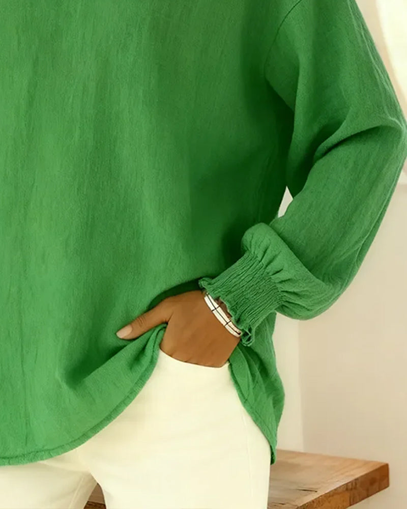 Cotton Lantern Sleeve Collared Solid Color Blouse