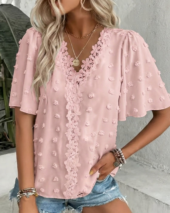 Spliced Jacquard Ruffle Sleeve Blouse