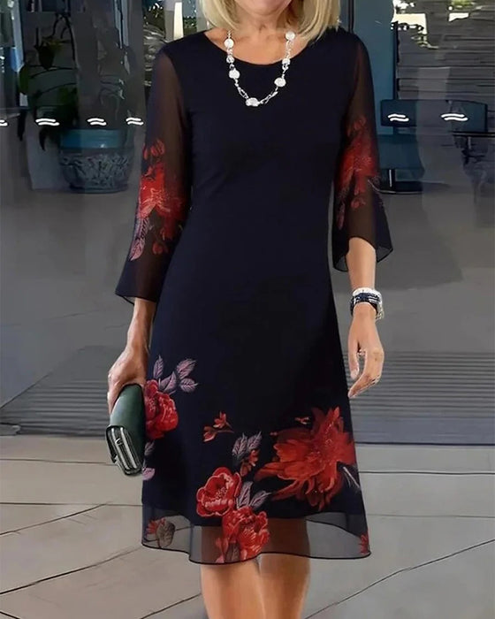 Crew Neck Sheer Floral Loose Dress