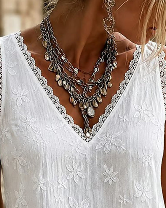 V-Neck Solid Color Lace Tank Top