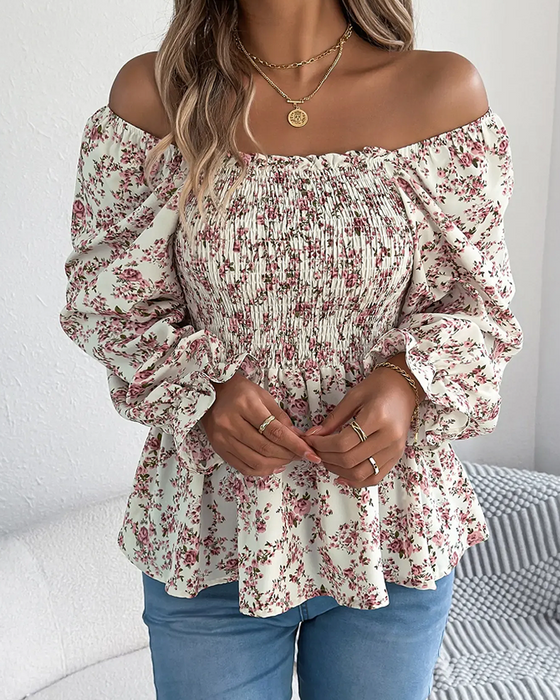 Square Neck Smocked Floral Ruffle Blouse