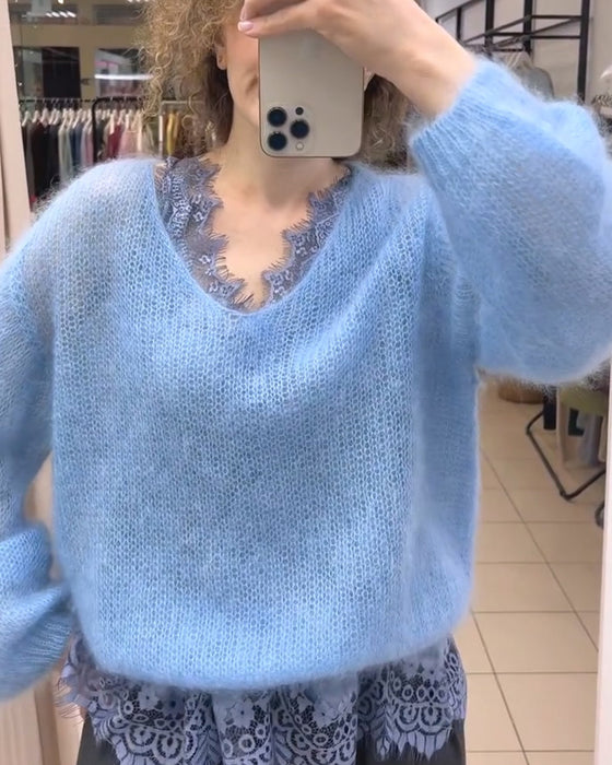 V-Neck Solid Patchwork Pullover