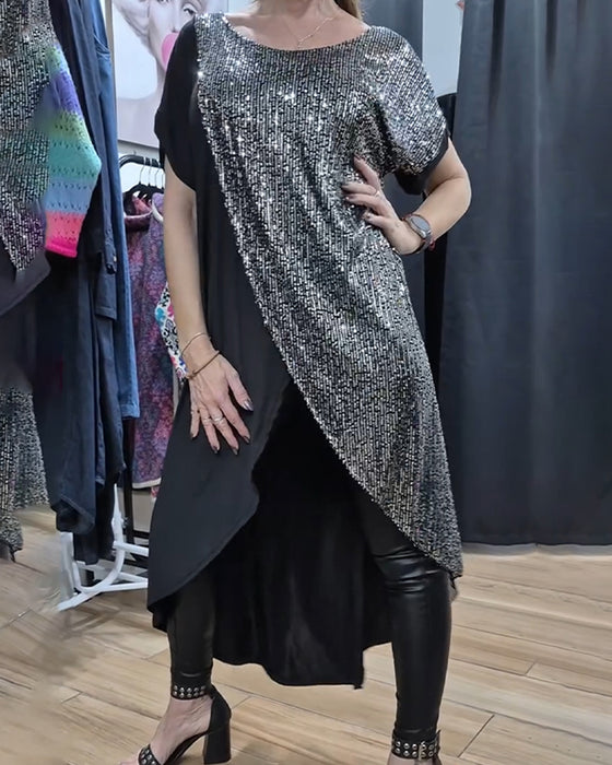 Round Neck Slit Sequined Long T-Shirt