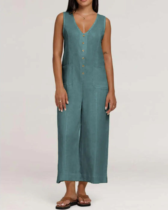 V-Neck Single-Breasted Sleeveless Jumpsuit