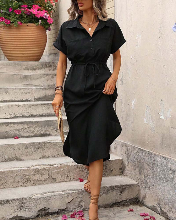 Lapel Waist-Cinching Shirt Dress