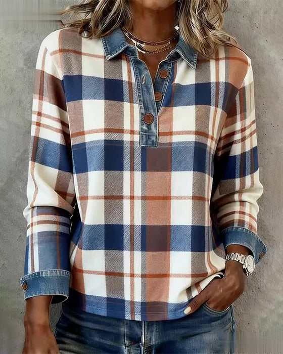Casual Denim Patchwork Plaid Blouse