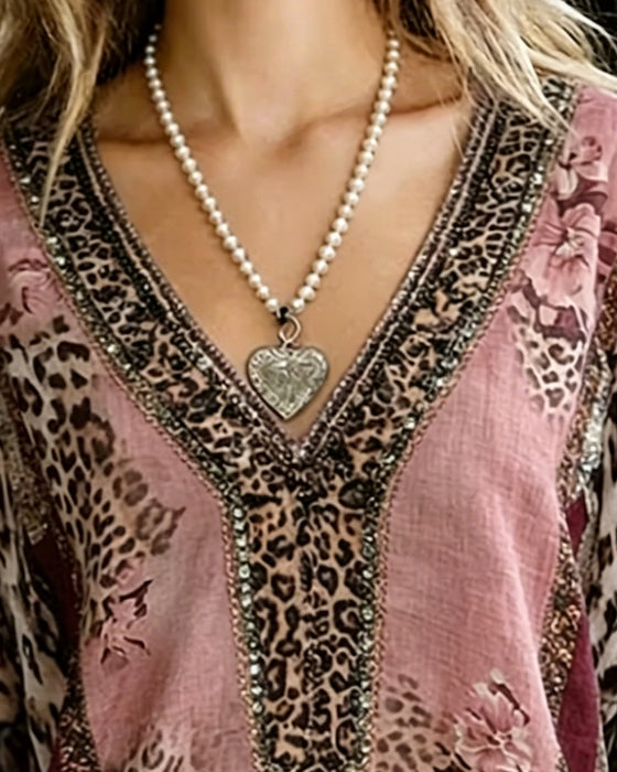 V-Neck Lantern Sleeve Leopard Blouse