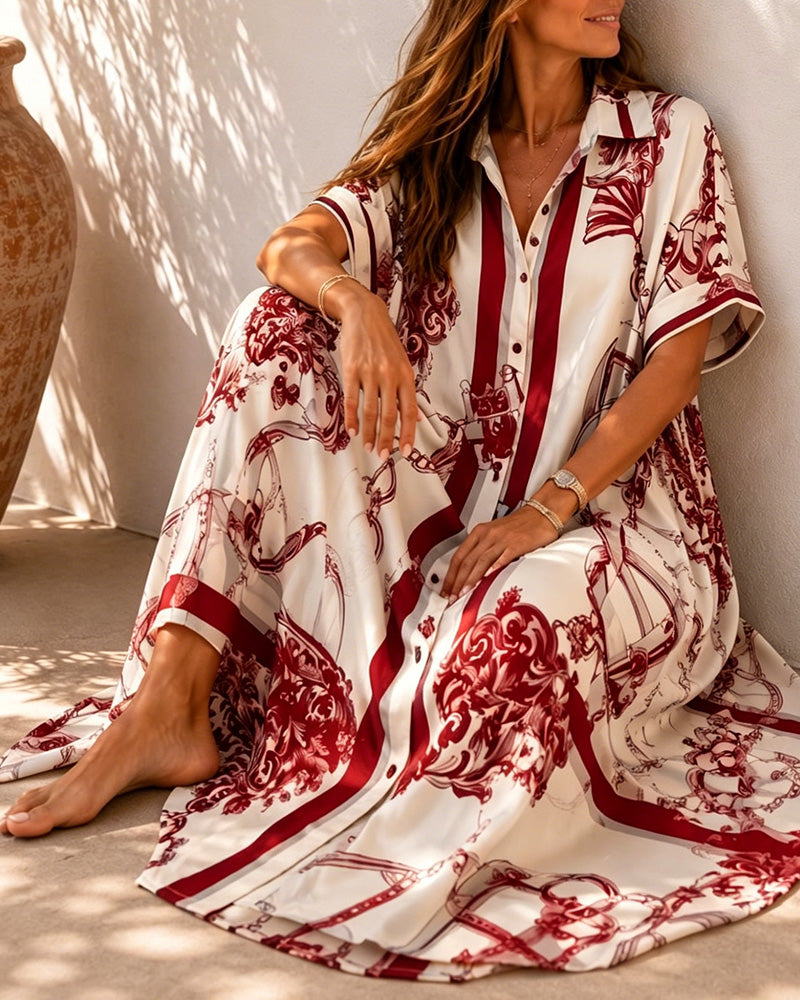 Vintage Scrollwork Lapel Shirt Dress