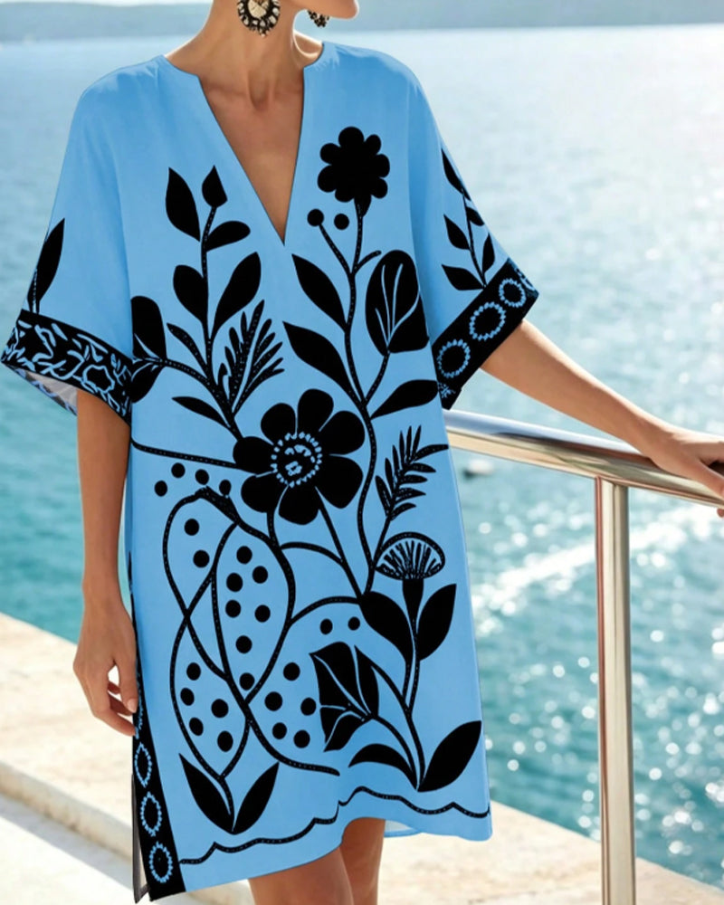Floral Print V Neck Slit Dress
