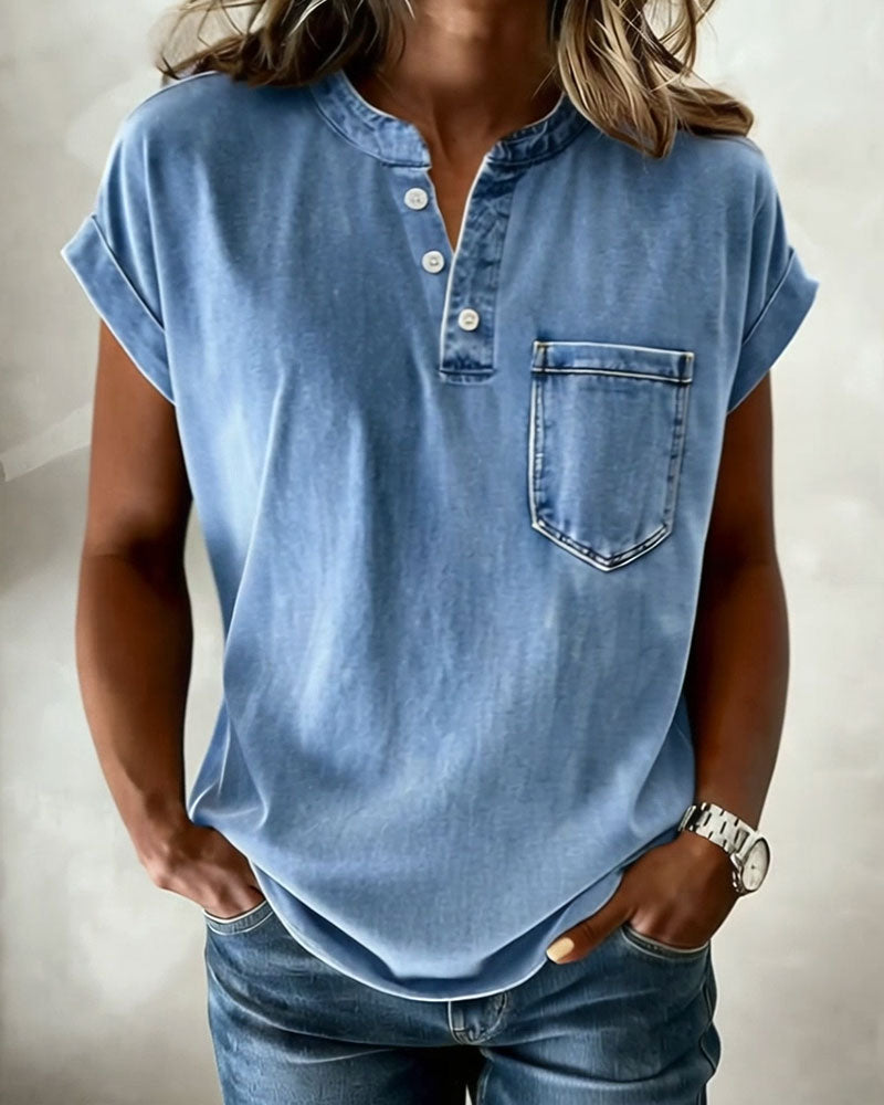 Washed Denim Henley Short Sleeve Top