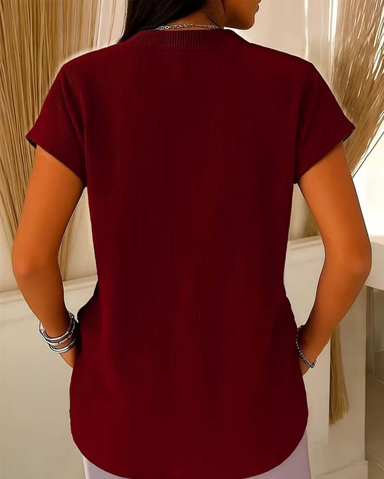 Solid Short Sleeve Zip Blouse