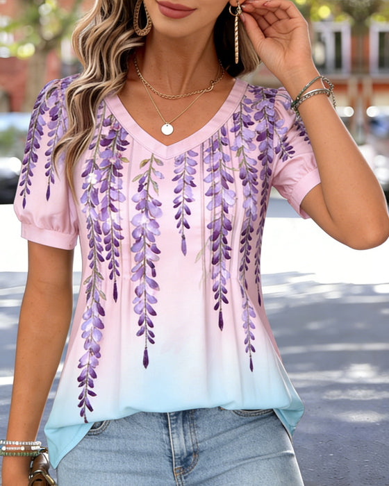 Gradient Wisteria V-Neck Short Sleeve Top
