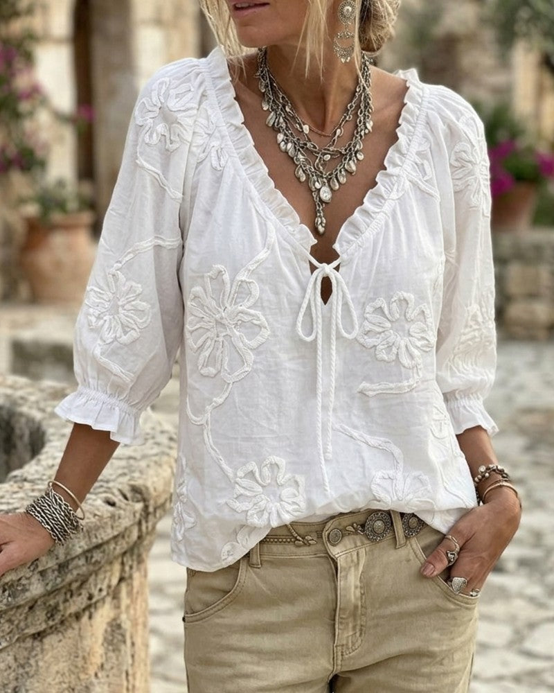 V-Neck Wrap Tie Ruffled Blouse