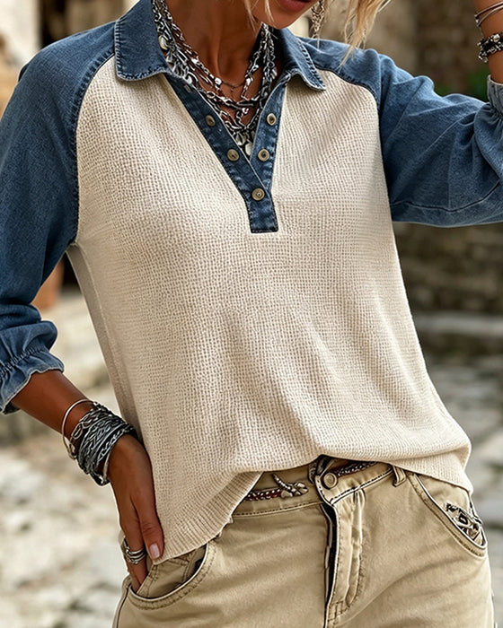V-Neck Waffle Texture Contrast Denim Blouse